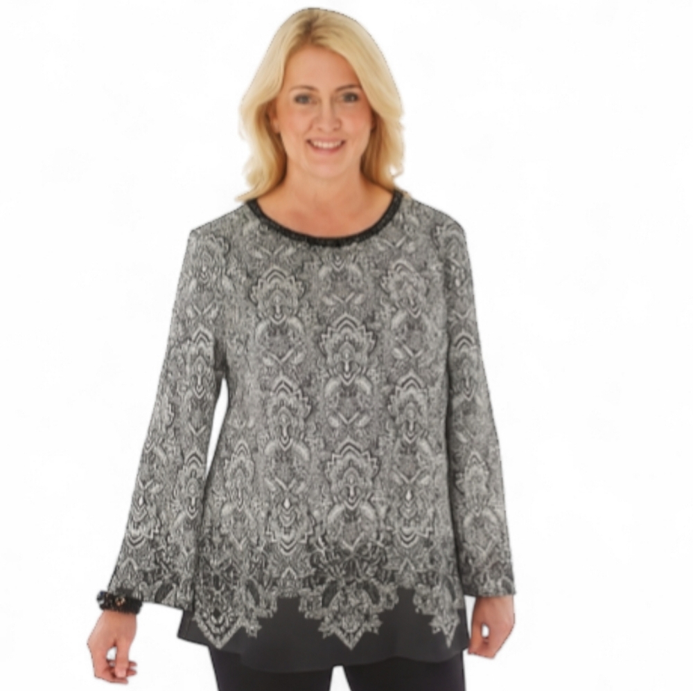 CATO'S Women's Beaded Blouse XL Polyester Spandex Black Cream Boho